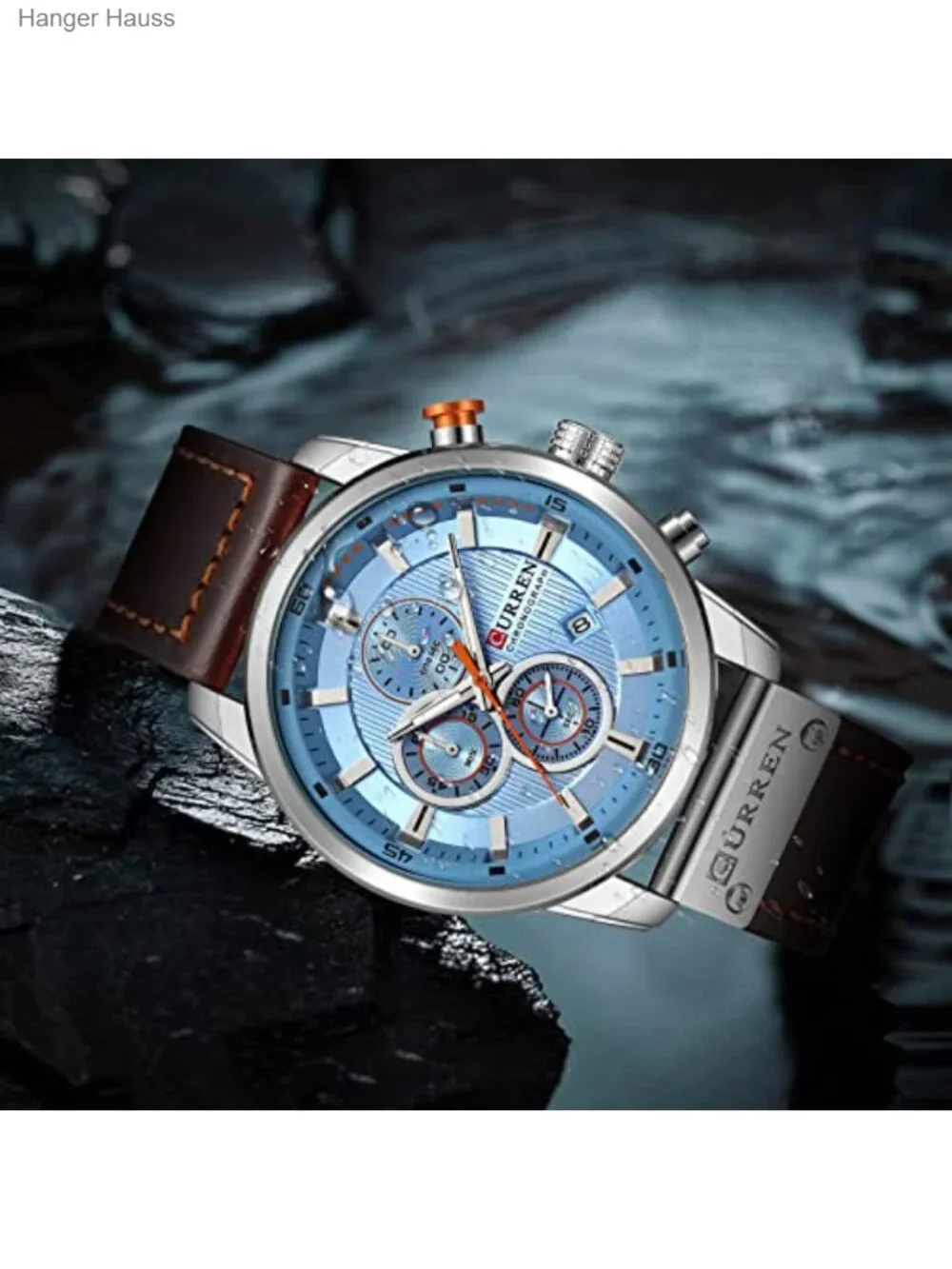 Men's Quartz Chronograph Dress Watch Leather Strap Stainless Steel Case